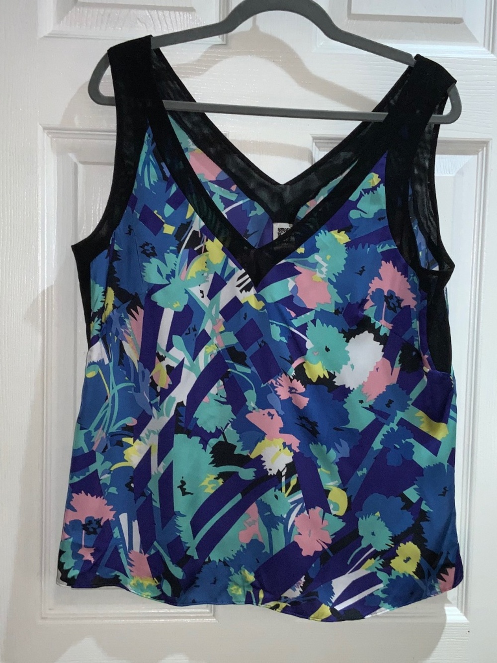 Anne Klein Multicolor Seagate Floral sleeveless Top Sz 14 mesh trim detail
